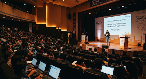 Keynote hall at Google DevFest Udaipur with hundreds of engineers