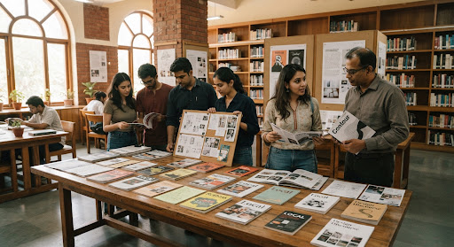 Students examining independent print publications inside academic library exhibition