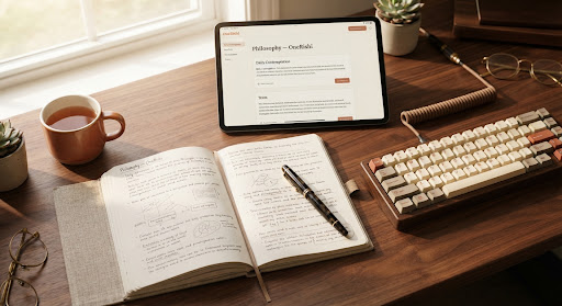 Photograph of an open notebook, keyboard, and pen on a work desk