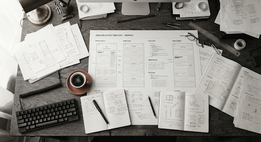Editorial desk with software integration blueprints and analog field notebooks