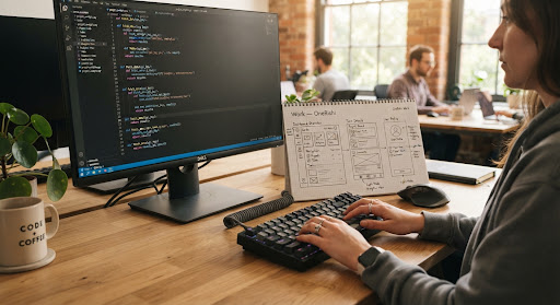 Developer workspace showing code editor with Python scripts and minimal UI wireframes
