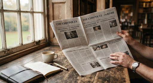 Freshly printed broadsheet newspaper open on weathered dark oak reading table